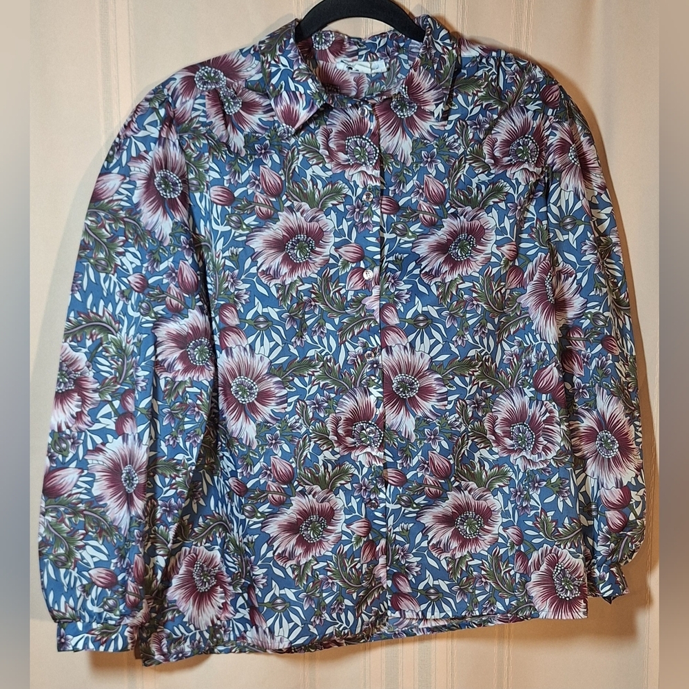 DEVON Floral Button-up Shirt in Blue and Mauve, and Green